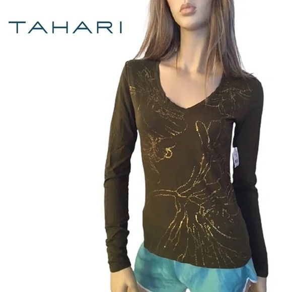 TAHARI Bally V-Neck Shirt Olive Military Green with Gold Accents - Picture 1 of 9
